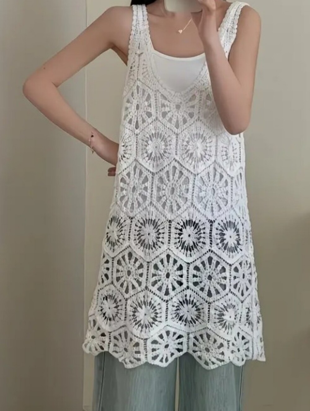 White Crochet Overlay Sleeveless Tunic - Women's Top Size S-M Asian